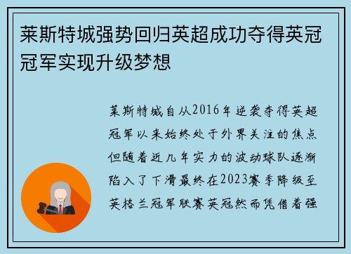 莱斯特城强势回归英超成功夺得英冠冠军实现升级梦想 莱斯特城强势回归英超成功夺得英冠冠军实现升级梦想