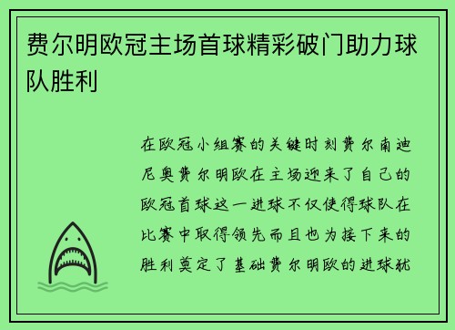 费尔明欧冠主场首球精彩破门助力球队胜利